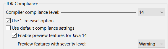 A screenshot of the options to set the set the JDK compiler compliance to 14 and enable the preview features.