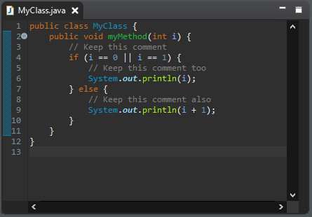 A screenshot of the MyClass.java class after cleanup.