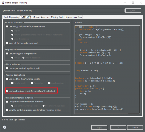 A screenshot of the option to use local variable type inference in Java 10 or higher