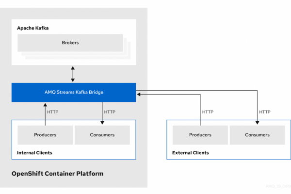 A diagram showing AMQ Streams Kafka Bridge in an Apache Kafka messaging system on Red Hat OpenShift.