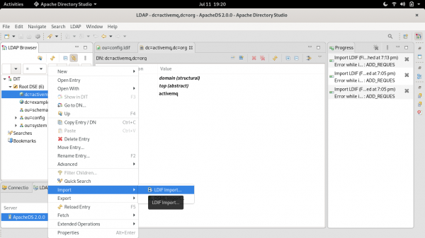 Dialog to import the LDIF file.