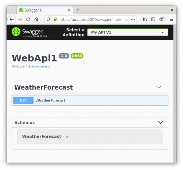 A screenshot of the weather app in the Swagger UI.