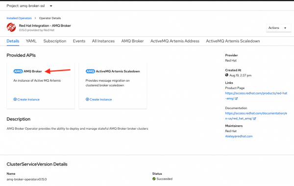 The Operator Details page for the AMQ Broker Operator with AMQ Broker highlighted.