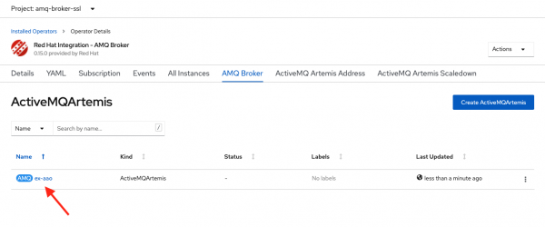 The ActiveMQArtemis Operator Details screen with ex-aao highlighted