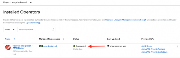 The Installed Operators screen with &quot;Succeeded&quot; highlighted.