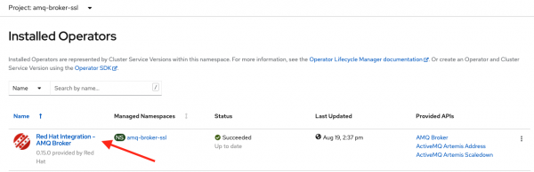 The Installed Operators screen with Red Hat Integration - AMQ Broker highlighted.