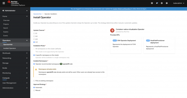 Figure 4: Configure the Openshift Virtualization installation.