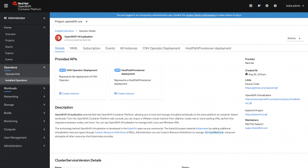 Figure 7: Inside the Openshift Virtualization overview page.