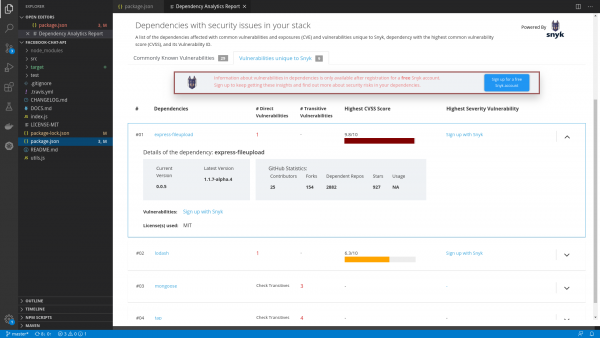 An example Snyk stack analysis report