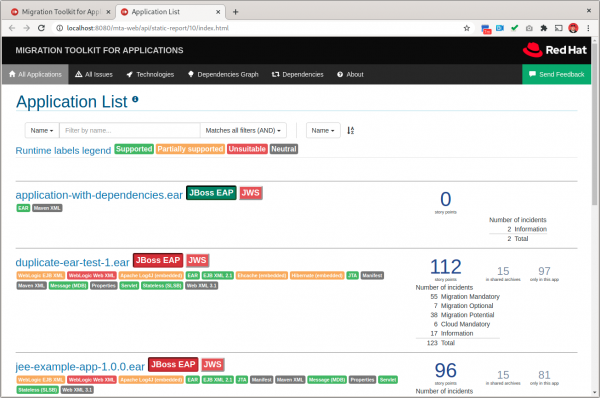 The MTA 5.0 console showing supported applications.