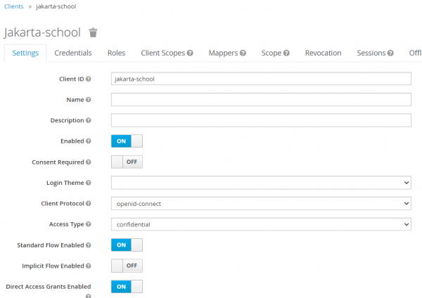 Clients -&gt; jakarta-school with the Settings filled out