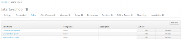 Clients -&gt; jakarta-school with 3 roles showing in the Roles tab