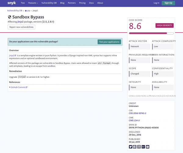 A screenshot of the Sandbox Bypass vulnerability page on the Snyk website.