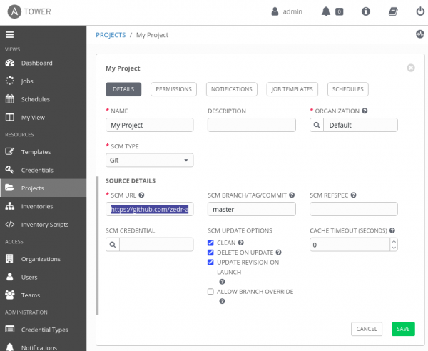 Creating the Ansible Tower project