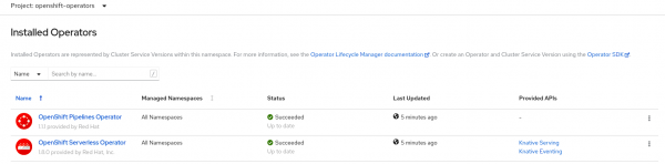A screenshot of the OpenShift Serverless and OpenShift Pipelines Operators listed in the openshift-operators namespace.