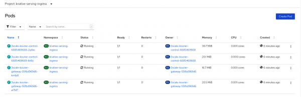 A screenshot of the knative-serving-ingress namespace in the OpenShift console.