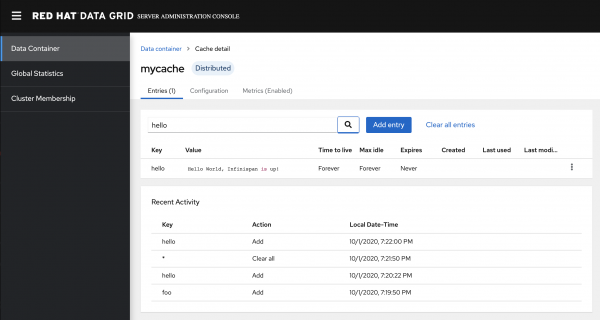 The Data Grid web console shows the The application's key and value.