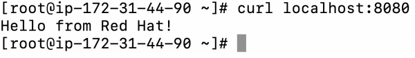 A command line interface displaying the greeting, &quot;Hello from Red Hat!&quot;