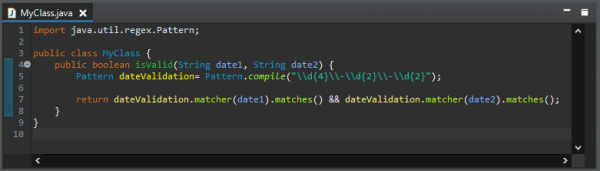 Class MyClass after replacing reused instances of java.lang.String with java.util.regex.Pattern.