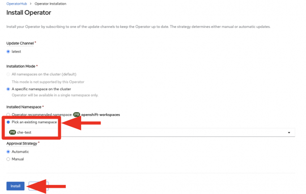 Under Install Operator, the option to select the 'che-test' namespace is outlined in red.