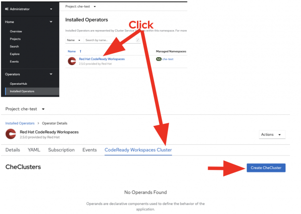 Clicking 'Red Hat CodeReady Workspaces' opens the option to create a new CheCluster.