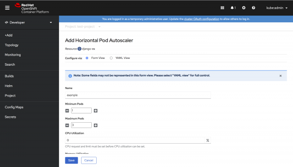 The console dialog to add a horizontal pod autoscaler.