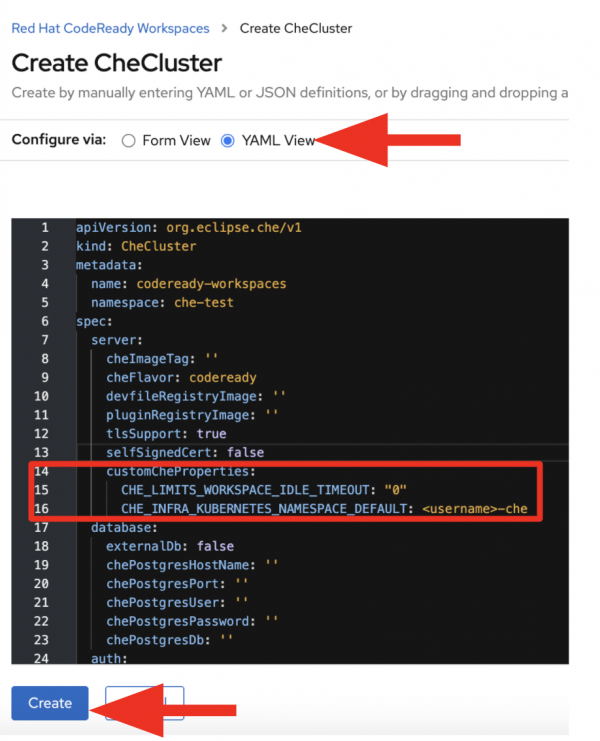 Select the YAML view to edit the server configuration file.