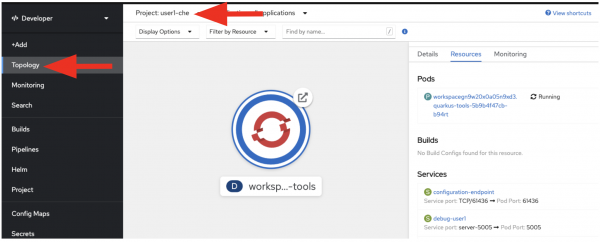 The user1-che workspace in the topology view.