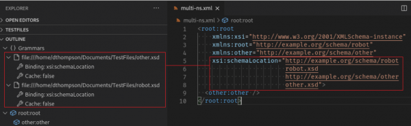 The Grammars entry in this screenshot shows information about the referenced schema dressSize.xsd.