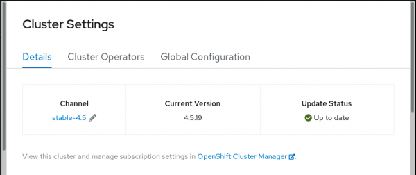 The Cluster Settings screen when the OpenShift version is up to date