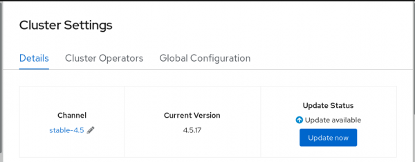 After a successful update, the Cluster Settings screen may show that another update is available, under the Update Status field.