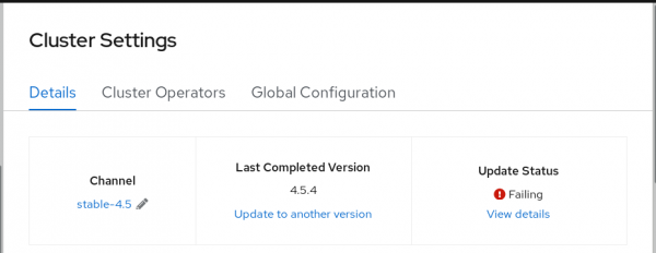 Sometimes, the Cluster Settings screen displays &quot;Failing&quot; as the Update Status.
