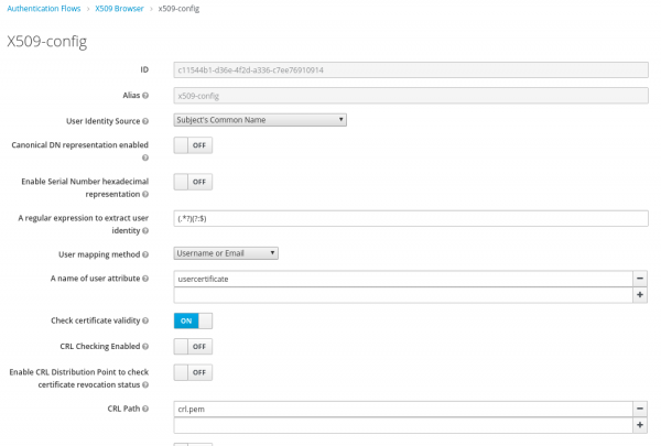 Use the X509 Config form to complete the certificate authentication