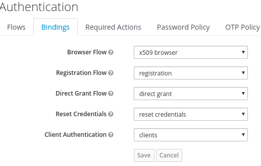 The Authentication screen with the Bindings tab open.