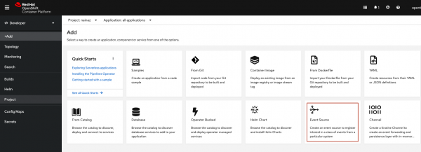 "Event Soruce" tile is being shown under the Add section of OpenShift Developer Console.