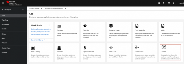 Channel Tile is being highlighted under the Add section of OpenShift Developer Console.