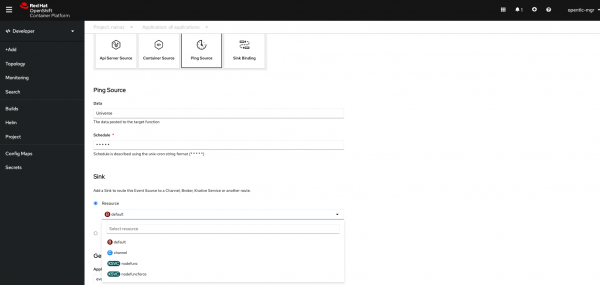 Sink options for the Ping Event source are being shown. Options are the previously created channel and the deployed OpenShift Serverless Function