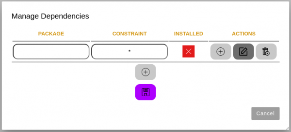 Screenshot of the Manage Dependencies screen with the option to add new package dependencies.