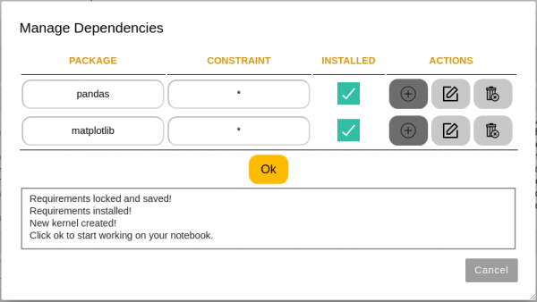 Screenshot of the Manage Dependencies screen with requirements locked, saved, and installed.