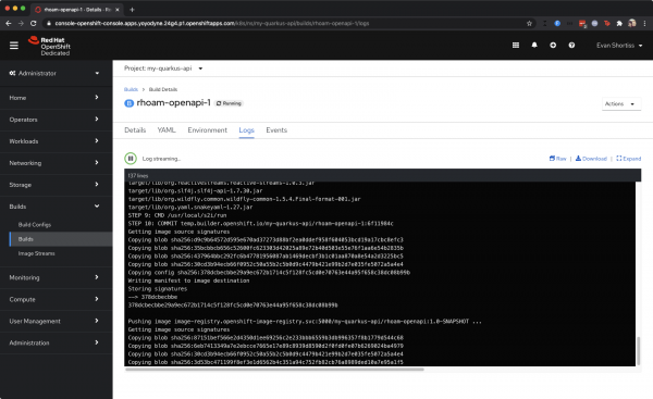 Viewing Build logs in the OpenShift Console