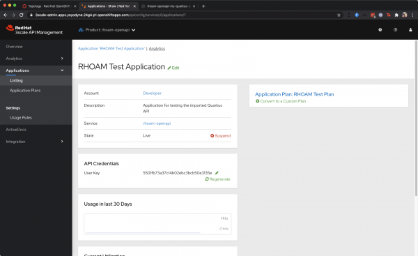 3scale Application Details Screen