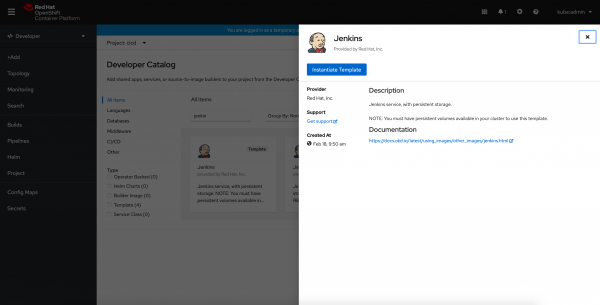 Screenshot showing how to install Jenkins using the Developer Catalog on Red Hat OpenShift.