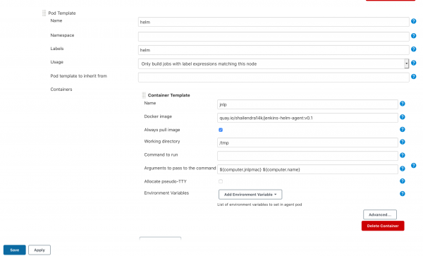 Screenshot showing how to add new pod templates for the Helm agent; "helm" has been entered in the Name and Labels fields.