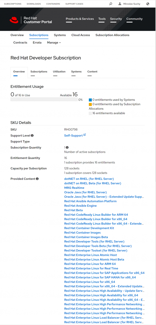 Screenshot of the Red Hat Developer subscription details page.