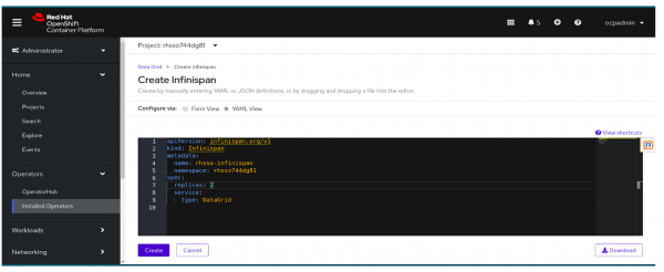 The OpenShift console dialog to create an Infinispan cluster using Data Grid as a service.