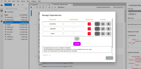 There are no dependencies in the notebook metadata, but the extension identifies three packages to be installed.