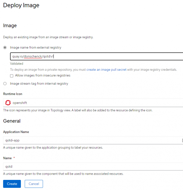 Options for deploying an application using an image from an image registry