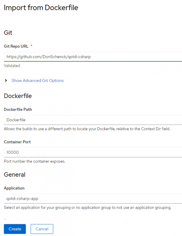 Dialog showing parameters needed to build an image from a Dockerfile