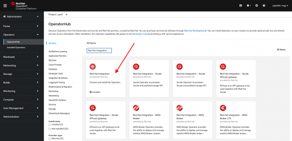 Locating Red Hat Integration in the OpenShift OperatorHub via a filter search