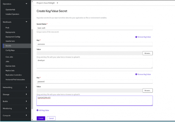 Create a key/value secret in the OpenShift console.